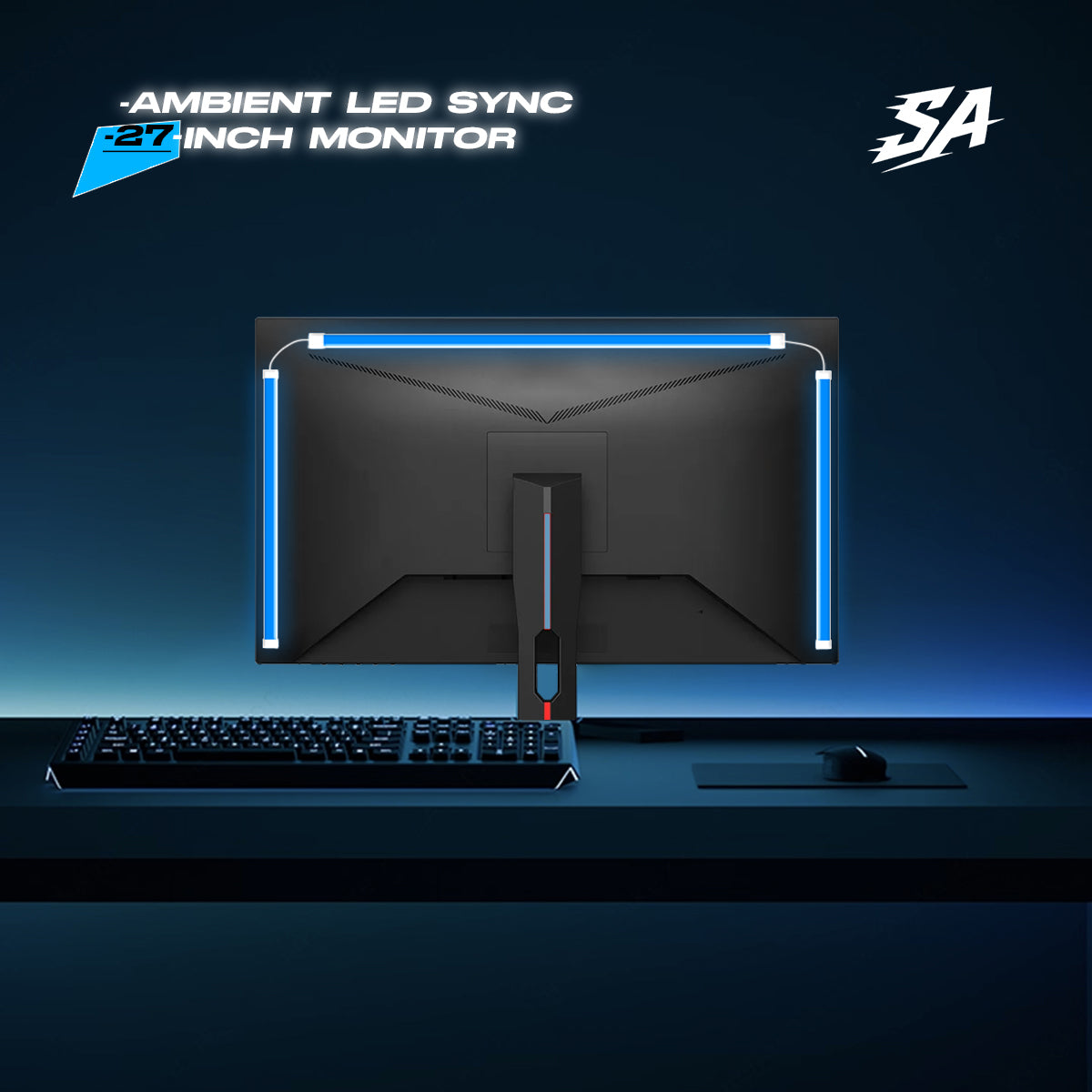 Synkaura Flow RGBIC LED backlight on a 27-inch desktop monitor – immersive screen-sync lighting for gaming, movies and anime.