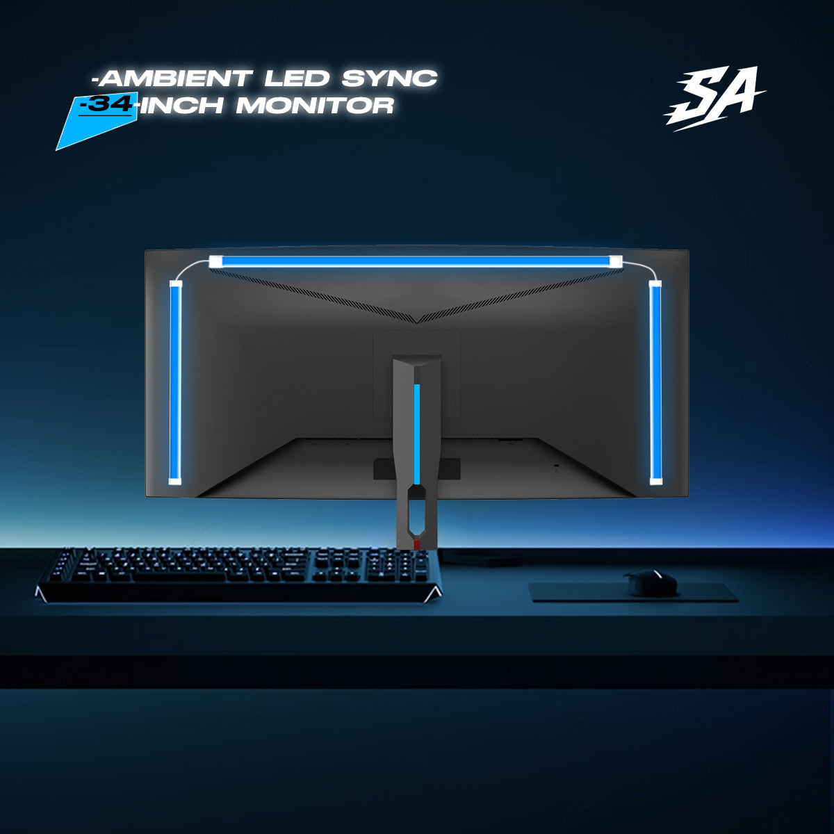 Synkaura Flow screen-sync LED strips on a 34-inch ultrawide monitor – immersive ambient glow for high-end gaming and cinematic setups.