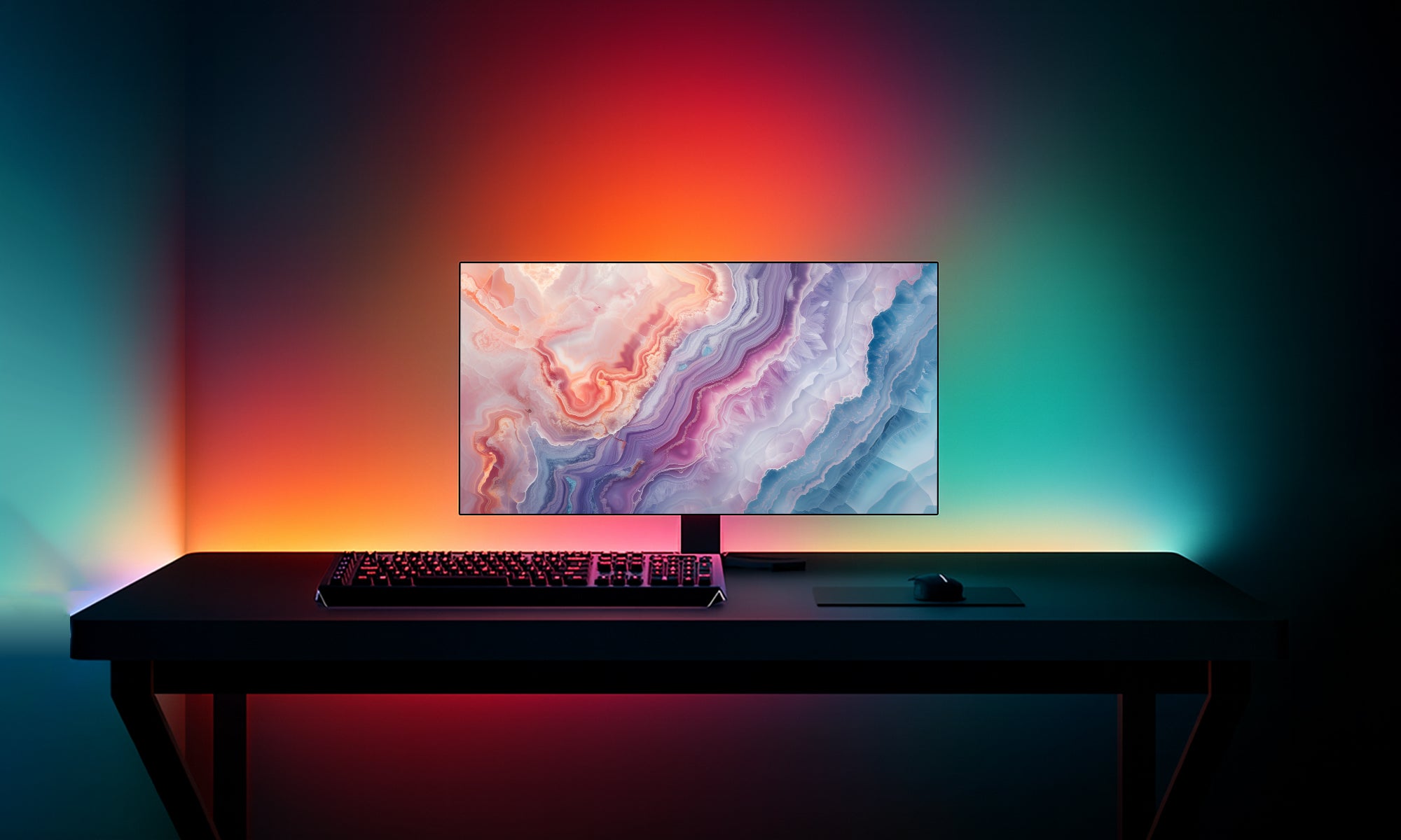 After Synkaura – monitor with reactive screen-sync ambient LEDs creating full immersion.