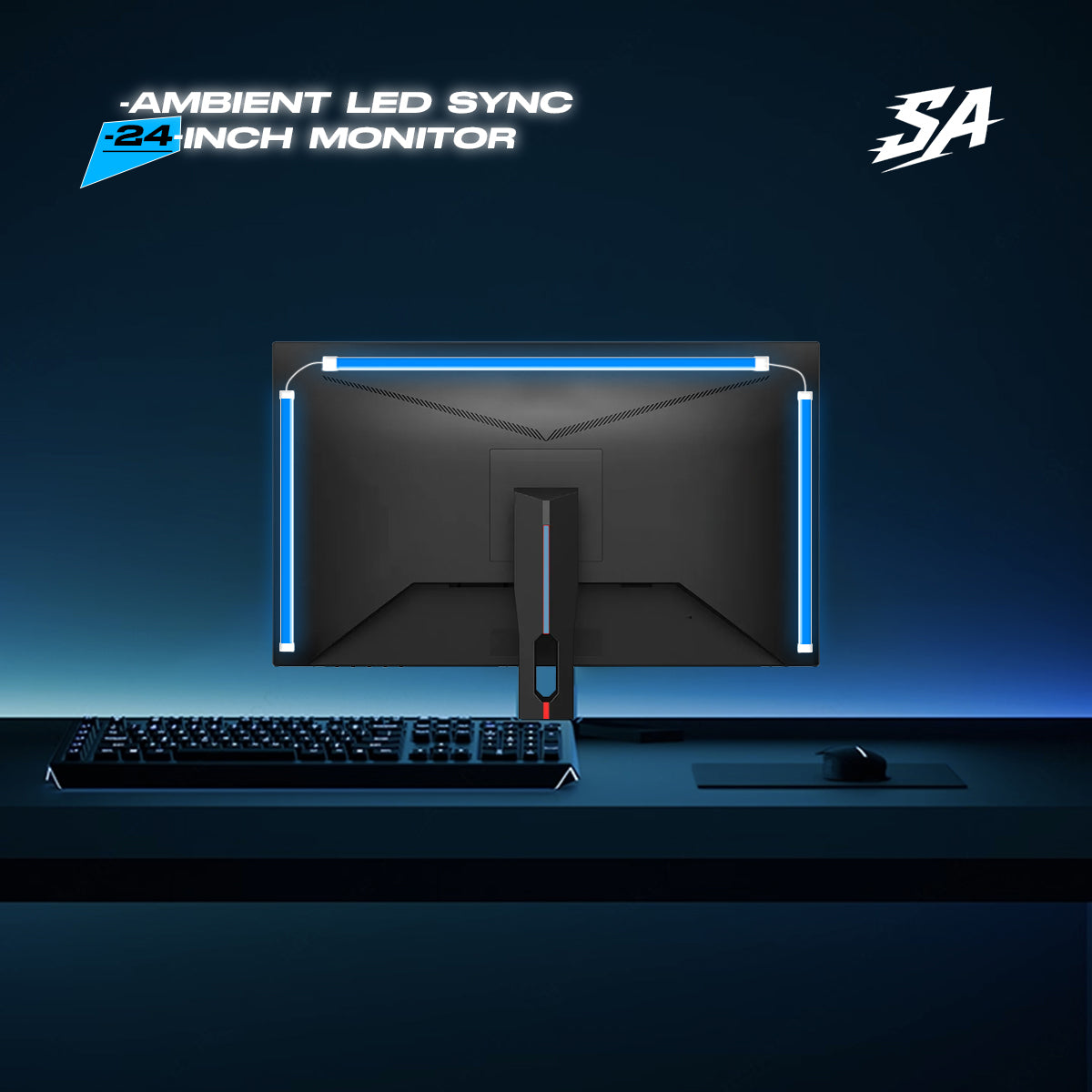 Synkaura Flow ambient reactive LED strips installed behind a 24-inch PC monitor – real-time screen-sync backlight for gaming, anime and desk setups.